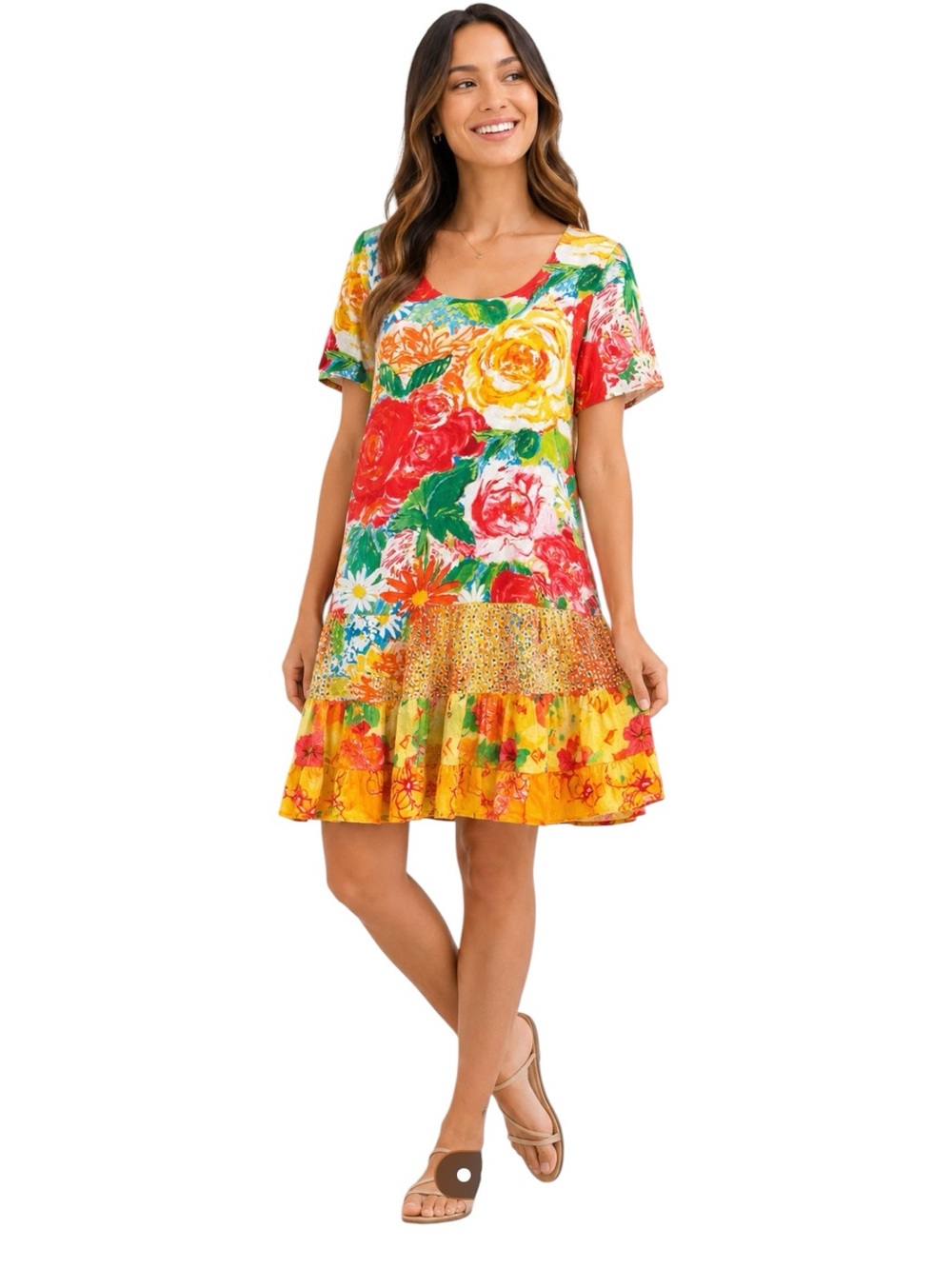 Jams World -Floral Drop Waist Dress Hawaiian Tropical Art Print Rayon Sz L